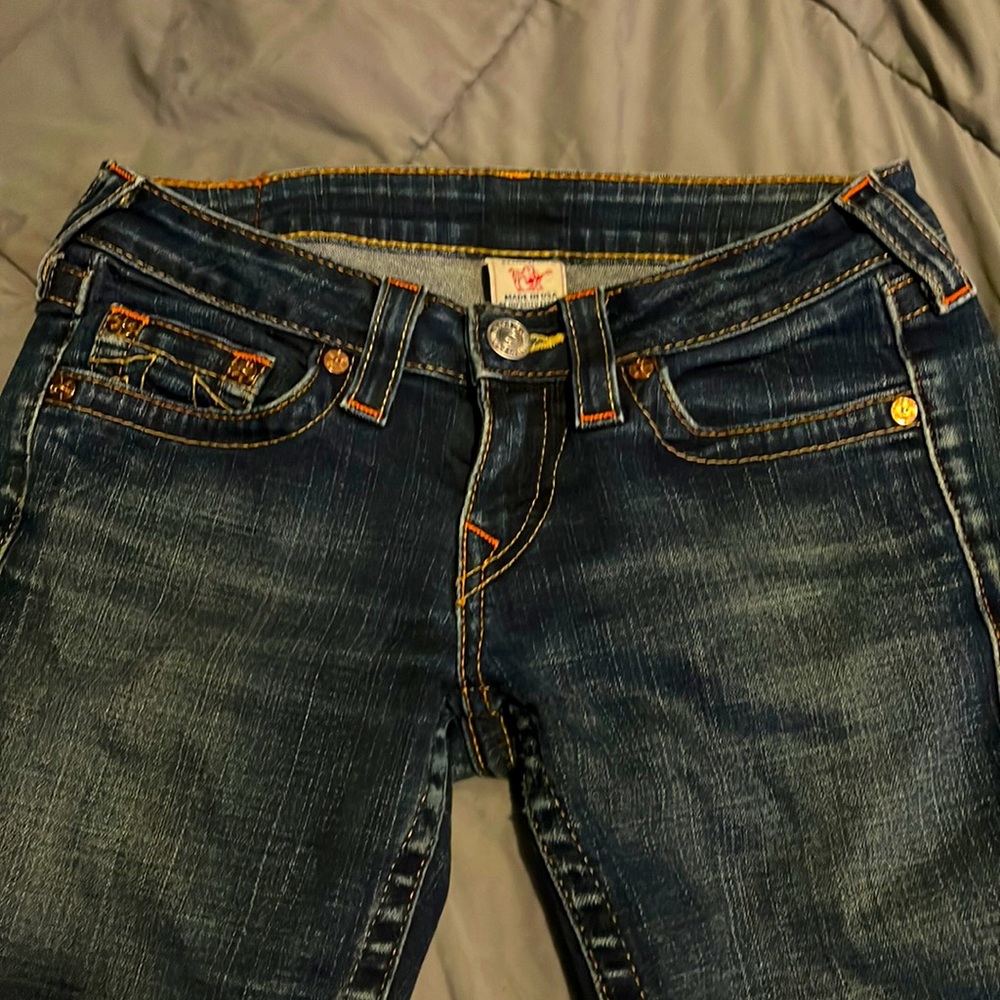 True Religion Johnny Low Rise Straight Leg Jeans - Women’s Size 27 Orange Yellow